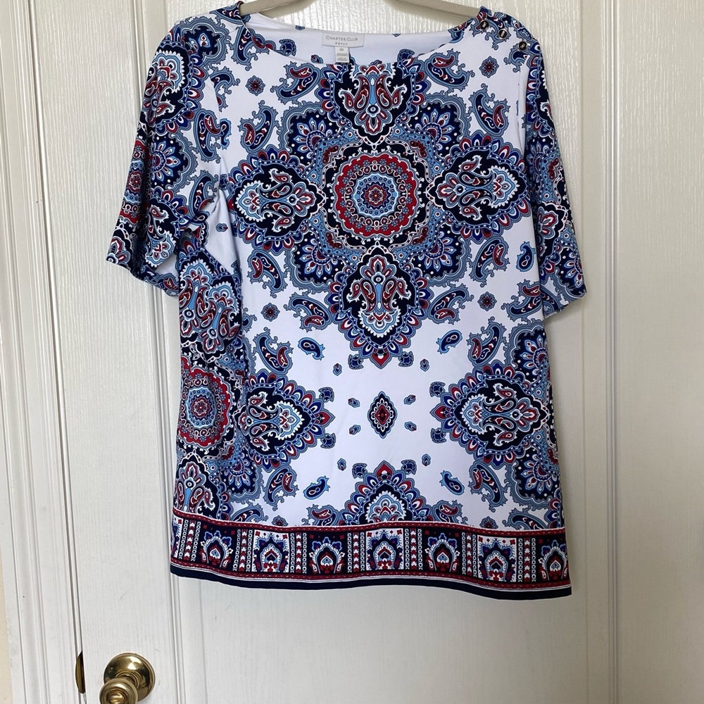Charter Club Blue and White Boxy Short Sleeve Blouse